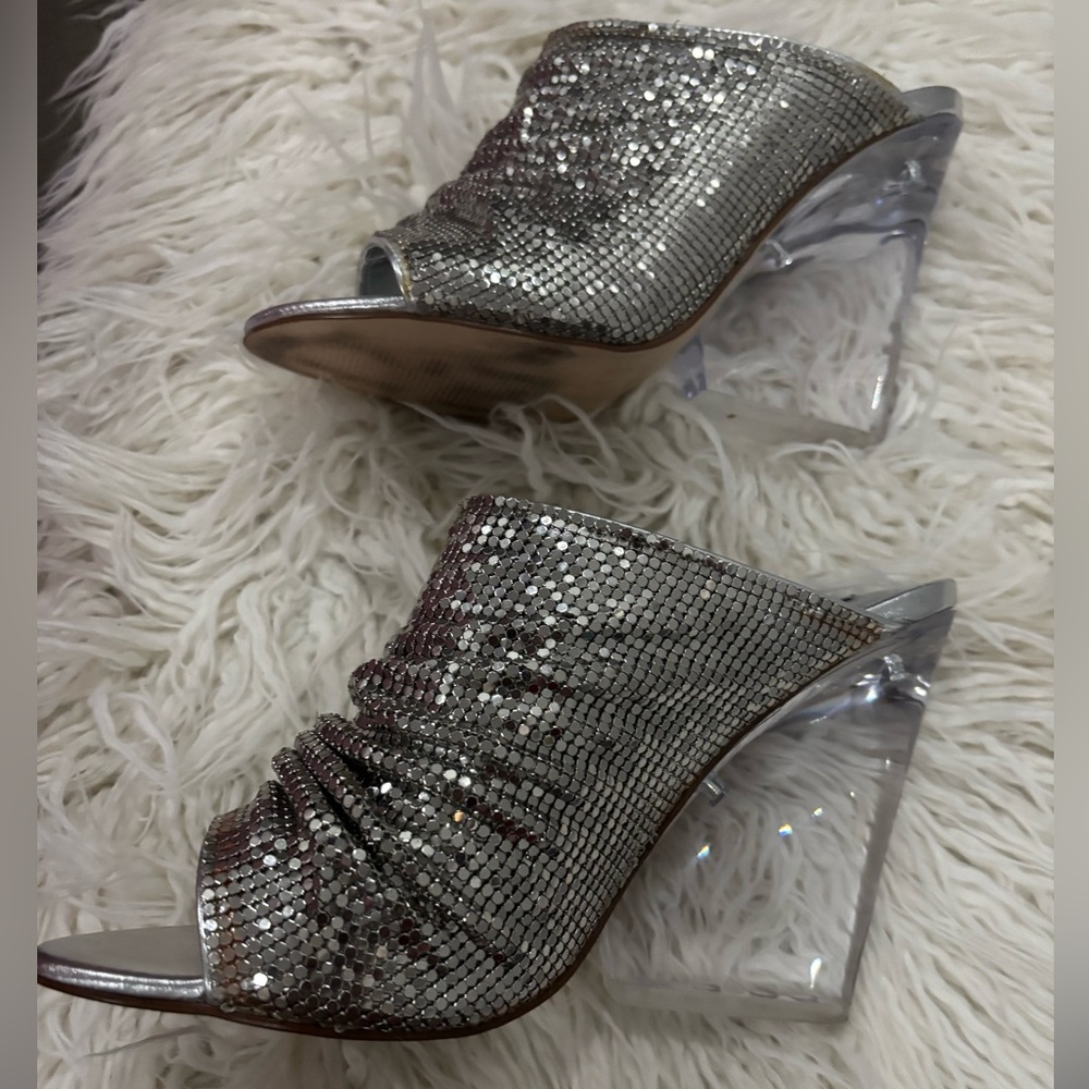 Steve Madden x Jessica Rich Silver Rhinestone Mule Heels Clear Block Heel
